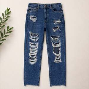 American Eagle Curvy Mom Jean Distressed Ripped Blue Denim Size 12 X-Long